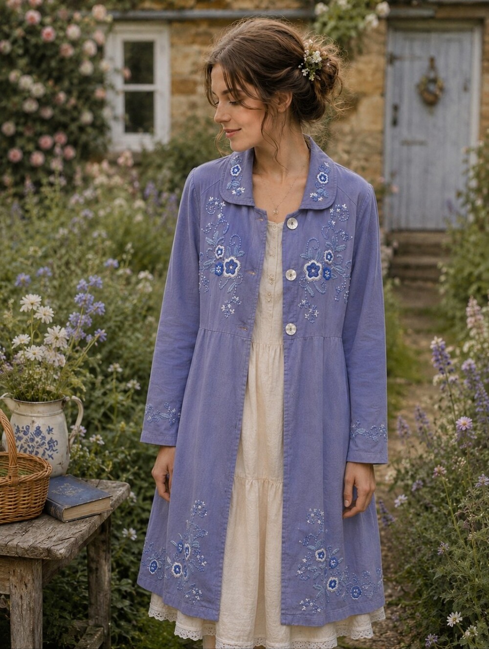 April Cornell Embroidered Cotton Duster Coat Dress Cottagecore Pockets Large